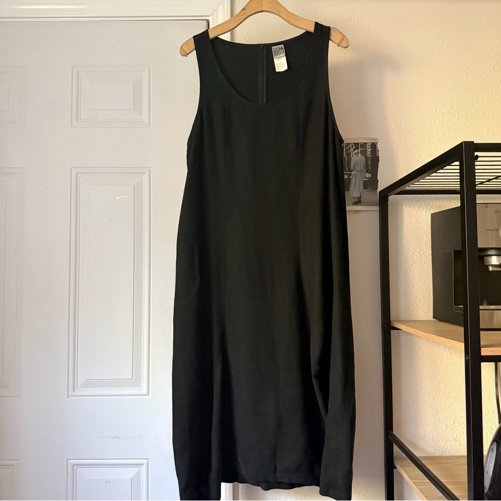 LILITH black linen blend scoop neck‎ sleeveless cocoon barrel lagenlook midi